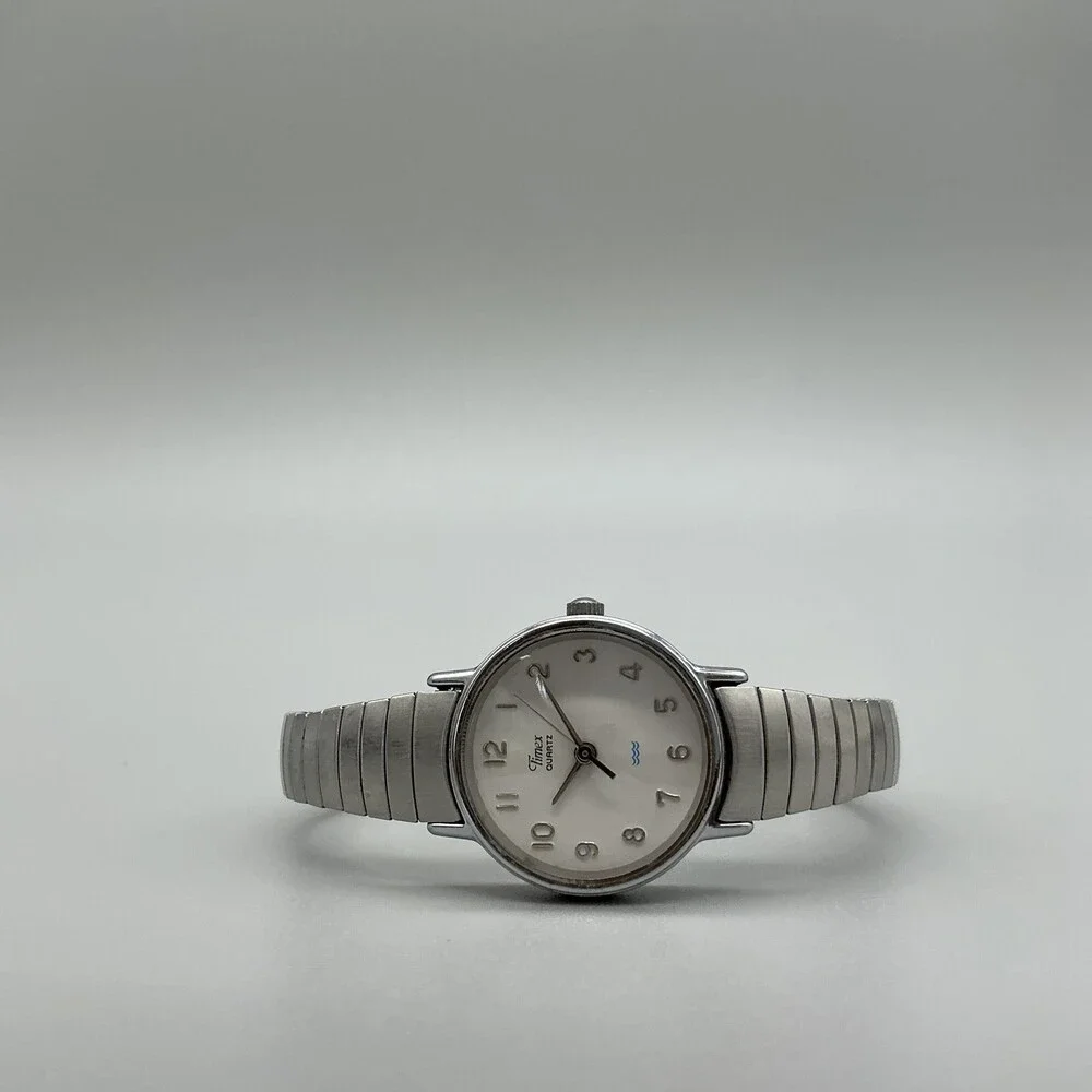 Timex Womens Watch 23mm White Dial Silver Tone Stretch Bracelet New Battery